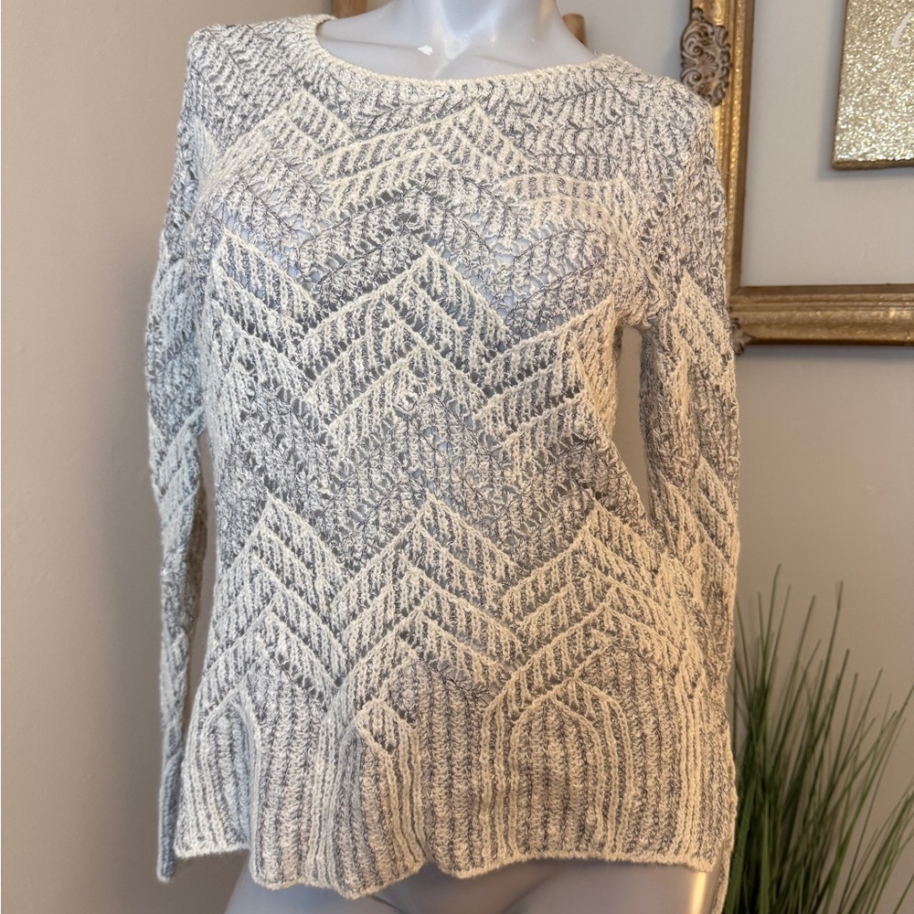 LUCKY BRAND Womens Metallic Silver Chevron Stripe Open Knit Sweater Size Small